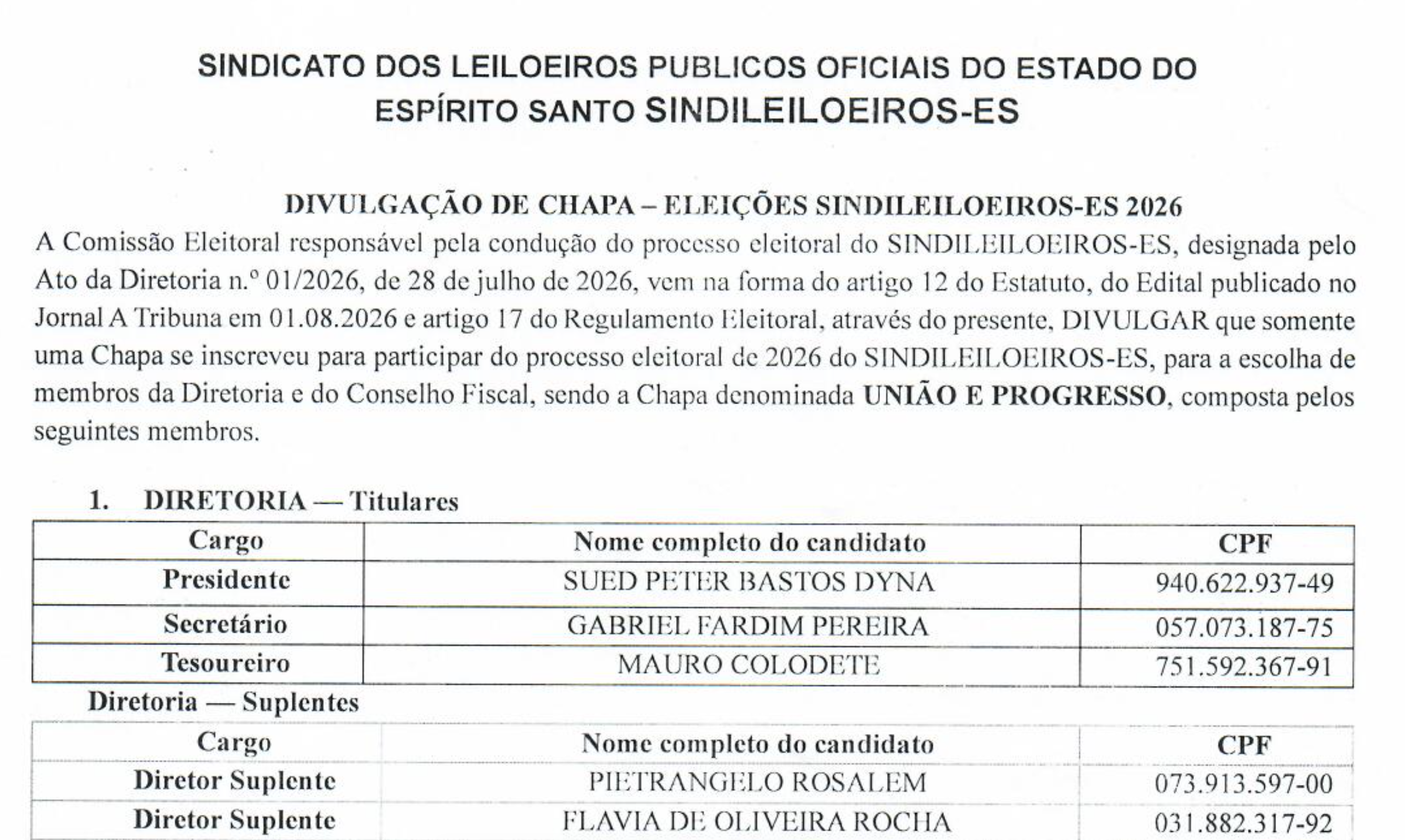 DIVULGAÇÃO DE CHAPA - COMISSÃO ELEITORAL